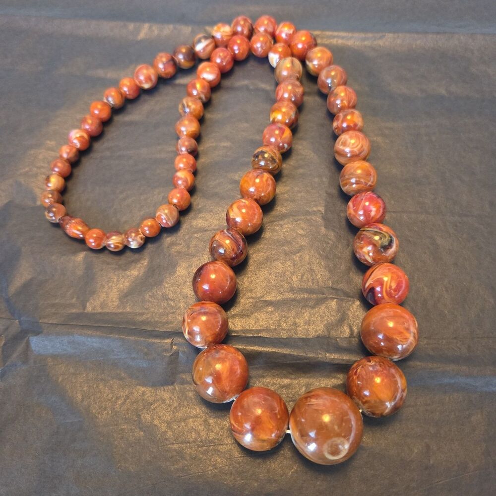 Vintage Long Graduated Marbled Acrylic Beaded Necklace Orange Amber Brown 30 in.